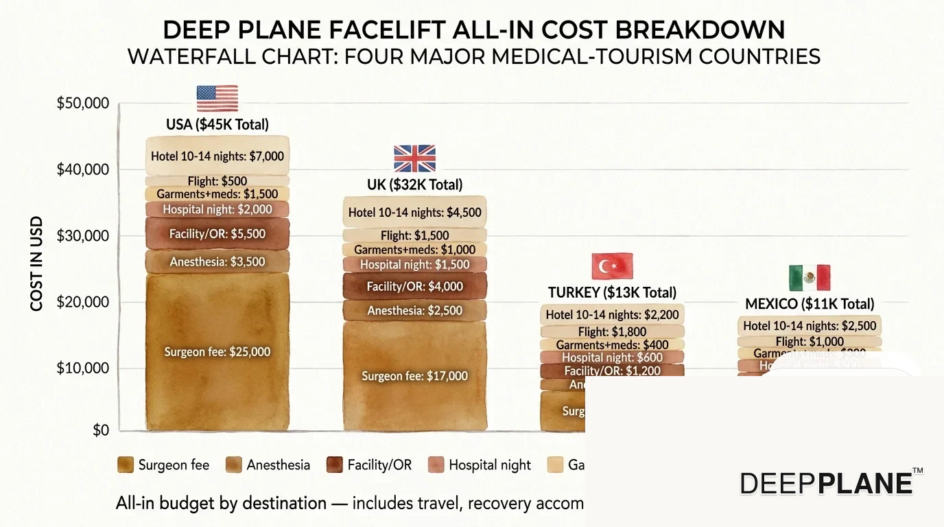 Wykres wodospadowy przedstawiający całkowity koszt deep plane facelift, porównujący cztery kraje ze skumulowanymi słupkami w USD: USA łącznie pięćdziesiąt tysięcy, Wielka Brytania łącznie trzydzieści dwa tysiące, Turcja łącznie trzynaście tysięcy, Meksyk łącznie jedenaście tysięcy, z każdym słupkiem podzielonym na honorarium chirurga, znieczulenie, placówkę, nocleg w szpitalu, odzież i leki, lot oraz dziesięć do czternastu nocy pobytu w hotelu