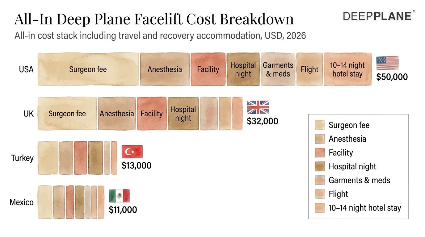 مخطط شلالي لتفصيل التكلفة الإجمالية لـ deep plane facelift يقارن أربع دول بأشرطة مكدسة بالدولار الأمريكي: الولايات المتحدة خمسون ألفًا إجمالاً، المملكة المتحدة اثنان وثلاثون ألفًا إجمالاً، تركيا ثلاثة عشر ألفًا إجمالاً، المكسيك أحد عشر ألفًا إجمالاً، مع تقسيم كل شريط إلى رسوم الجراح، التخدير، المنشأة، ليلة المستشفى، الملابس والأدوية، الرحلة، وإقامة فندقية لمدة عشرة إلى أربعة عشر ليلة