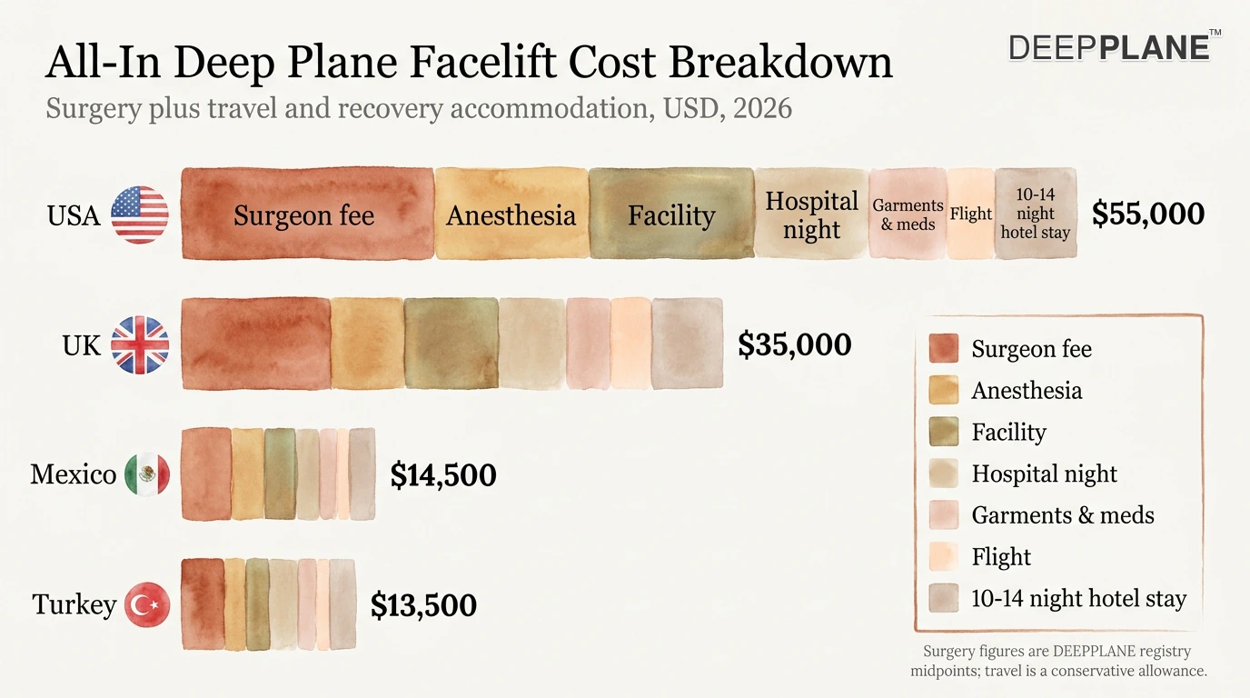 All-in deep plane facelift cost breakdown waterfall chart comparing four countries with stacked bars in USD: USA fifty-five thousand total, UK thirty-five thousand total, Mexico fourteen and a half thousand total, Turkey thirteen and a half thousand total, with each bar segmented into surgeon fee, anesthesia, facility, hospital night, garments and meds, flight, and ten to fourteen night hotel stay