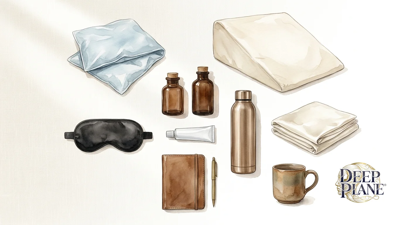 Overhead watercolor flat-lay of a deep plane facelift recovery toolkit on cream linen: gel ice pack, wedge sleeping pillow, two amber prescription pill bottles, arnica gel tube, insulated water bottle, satin pillowcase, sleep mask, journal with pen, stoneware mug