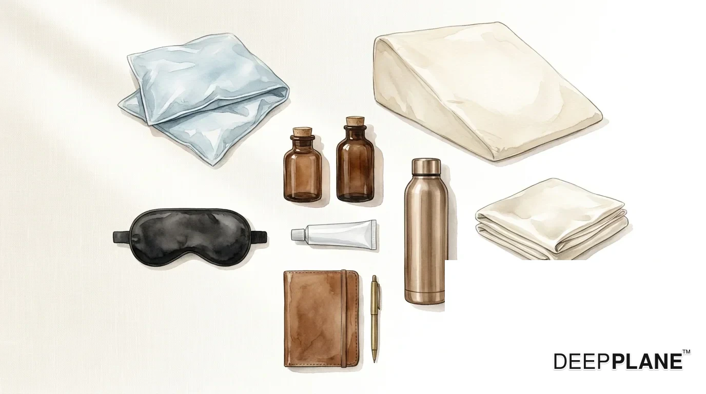 Aquarell-Flat-Lay von oben eines deep plane Facelift-Erholungs-Kits auf cremefarbenem Leinen: Gel-Kühlpack, Keilkissen zum Schlafen, zwei bernsteinfarbene verschreibungspflichtige Pillenflaschen, Arnika-Gel-Tube, isolierte Wasserflasche, Satin-Kissenbezug, Schlafmaske, Notizbuch mit Stift, Steingutbecher