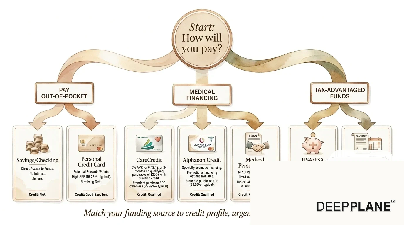 Entscheidungsbaum, beginnend mit der Frage, wie Sie bezahlen werden, verzweigt sich in Barzahlung mit Ersparnissen und persönlicher Kreditkarte, medizinische Finanzierung mit CareCredit Alphaeon Credit und Privatkrediten von LightStream oder SoFi sowie steuerbegünstigte Gelder mit HSA oder FSA nur für rekonstruktive Fälle plus vom Chirurgen angebotene Zahlungspläne, die eine Anzahlung erfordern