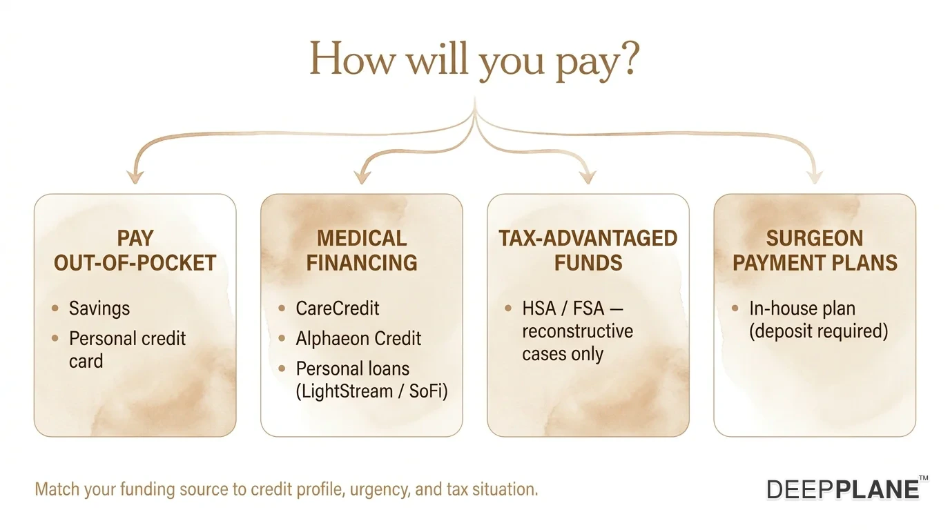 Decision tree starting from how will you pay, branching into pay out-of-pocket with savings and personal credit card, medical financing with CareCredit Alphaeon Credit and personal loans from LightStream or SoFi, and tax-advantaged funds with HSA or FSA only for reconstructive cases plus surgeon-offered payment plans requiring a deposit