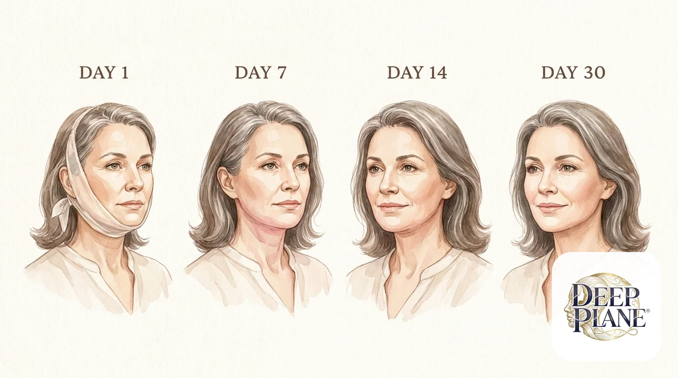 Day-by-day deep plane facelift face recovery progression in four watercolor portraits of the same woman: Day 1 with light face wrap visible along jawline, Day 7 wraps off with calm steady expression, Day 14 natural look returning, Day 30 fully refreshed and refined