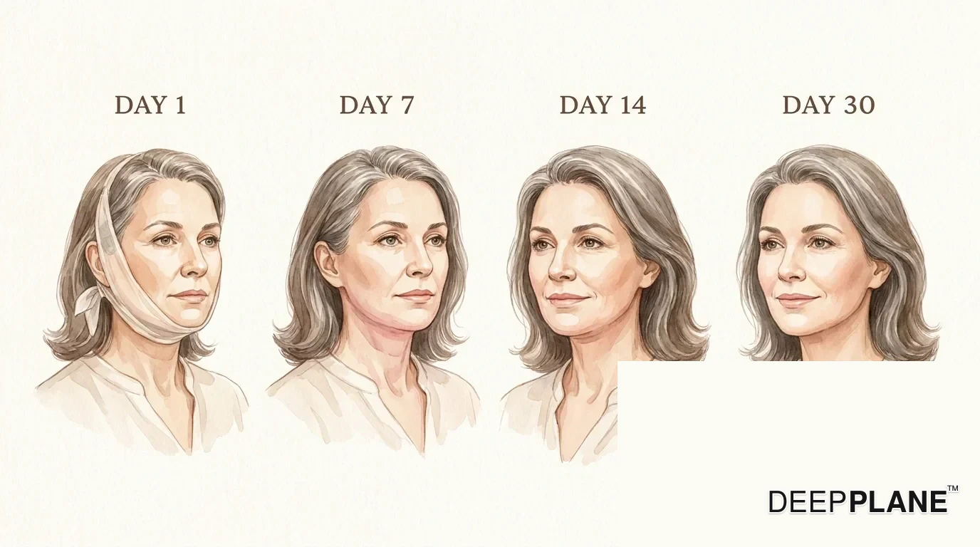 Tag für Tag deep plane Facelift-Gesichtserholung in vier Aquarellporträts derselben Frau: Tag 1 mit leichter Gesichtsbandage entlang der Kieferlinie sichtbar, Tag 7 Bandagen ab mit ruhigem, stetigem Ausdruck, Tag 14 natürliches Aussehen kehrt zurück, Tag 30 vollständig erfrischt und verfeinert