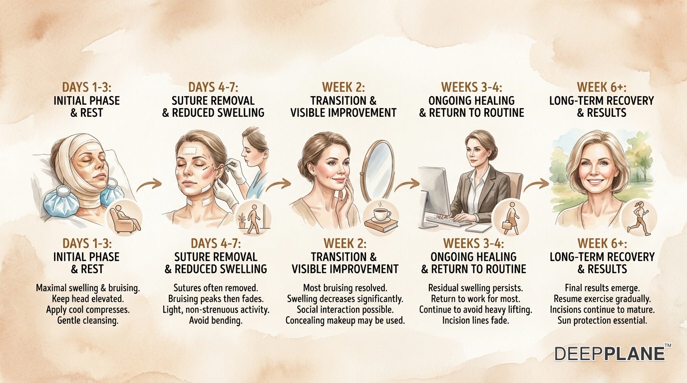 تطور تعافي الوجه يومًا بيوم بعد deep plane facelift في أربع صور مائية لنفس المرأة: اليوم الأول مع رباط وجه خفيف مرئي على طول خط الفك، اليوم السابع إزالة الأربطة بتعبير هادئ وثابت، اليوم الرابع عشر عودة المظهر الطبيعي، اليوم الثلاثون منتعشة ومنقحة بالكامل