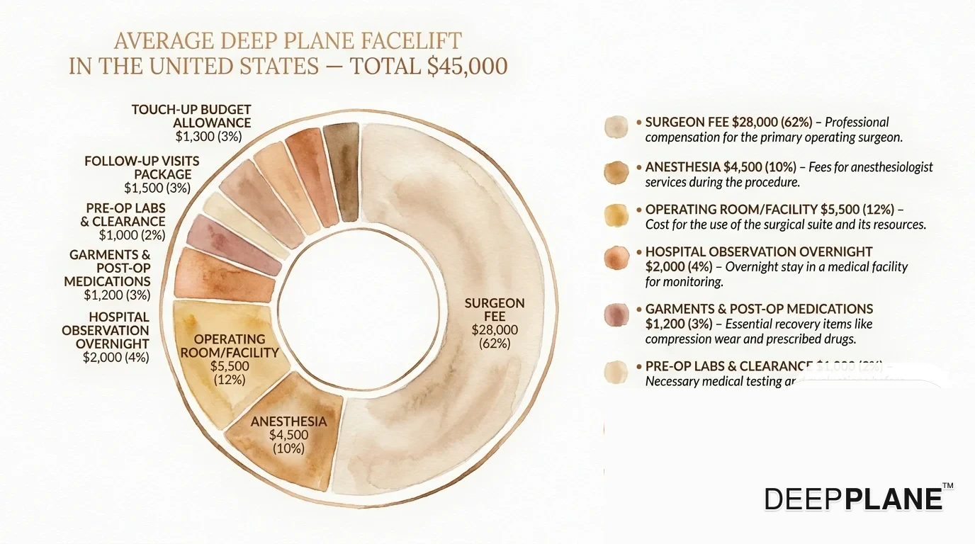 Donut-Diagramm der durchschnittlichen Kostenkomponenten eines deep plane Facelifts in den Vereinigten Staaten, insgesamt fünfundvierzigtausend US-Dollar: Honorar des Chirurgen achtundzwanzigtausend zweiundsechzig Prozent, Anästhesie viertausendfünfhundert zehn Prozent, Operationssaal-Einrichtung fünftausendfünfhundert zwölf Prozent, Krankenhausübernachtung zweitausend vier Prozent, Kompressionskleidung und postoperative Medikamente eintausendzweihundert drei Prozent, präoperative Laboruntersuchungen und Freigabe eintausend zwei Prozent, Paket für Nachuntersuchungen eintausendfünfhundert drei Prozent, Budget für Nachbesserungen eintausenddreihundert drei Prozent