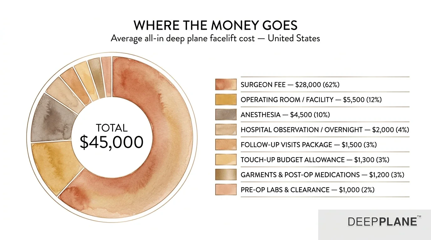 Donut chart of average deep plane facelift cost components totaling forty-five thousand US dollars in the United States: surgeon fee twenty-eight thousand sixty-two percent, anesthesia four thousand five hundred ten percent, operating room facility five thousand five hundred twelve percent, hospital observation overnight two thousand four percent, garments and post-op medications one thousand two hundred three percent, pre-op labs and clearance one thousand two percent, follow-up visits package one thousand five hundred three percent, touch-up budget allowance one thousand three hundred three percent