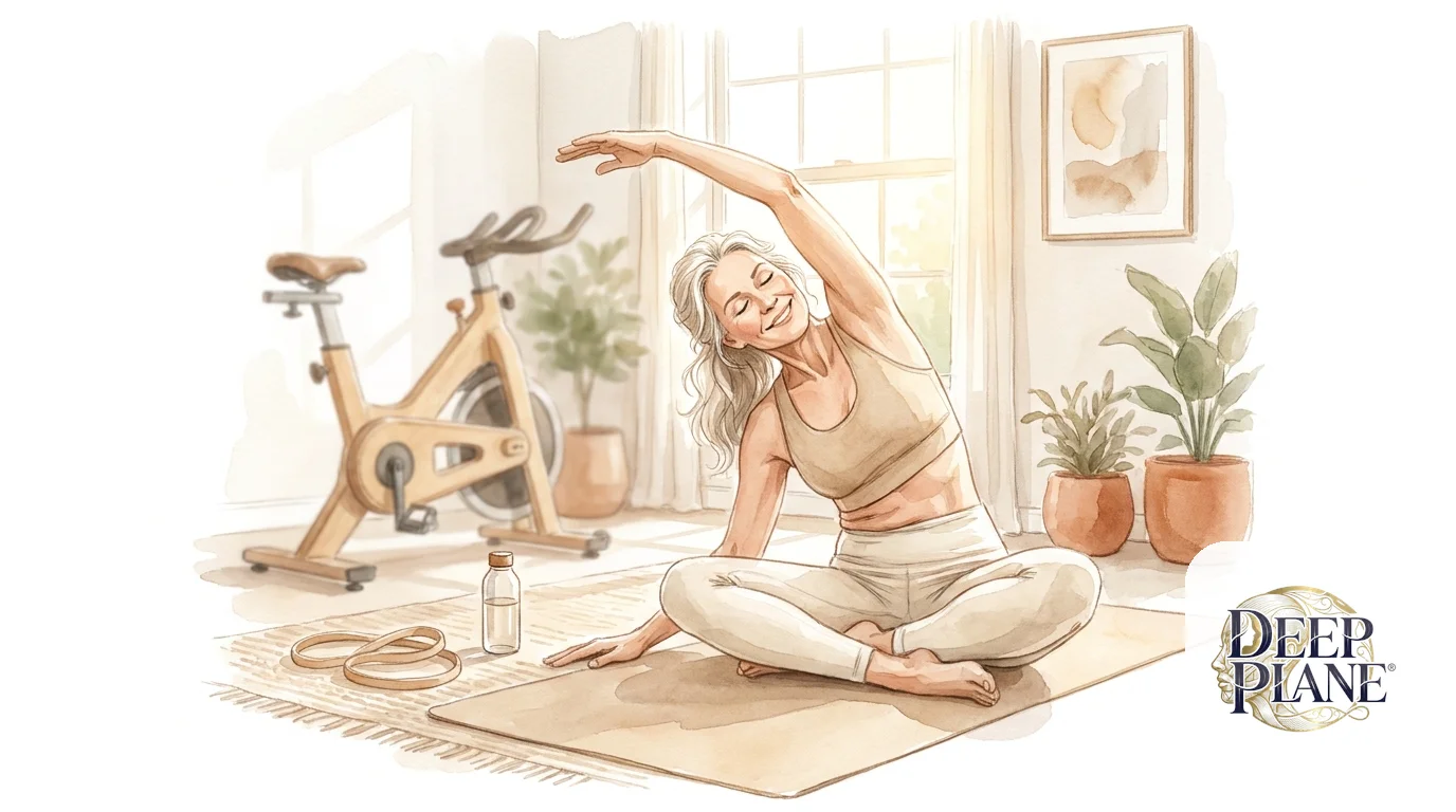 Watercolor illustration of a calm woman four weeks post deep plane facelift performing a gentle stretch on a yoga mat at home with a stationary bike in the background, energized and content