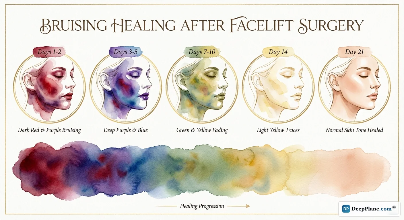 Post-facelift bruising healing progression showing color changes from dark red-purple at days 1-2 through blue-purple, green-yellow, light yellow, to normal skin tone at day 21