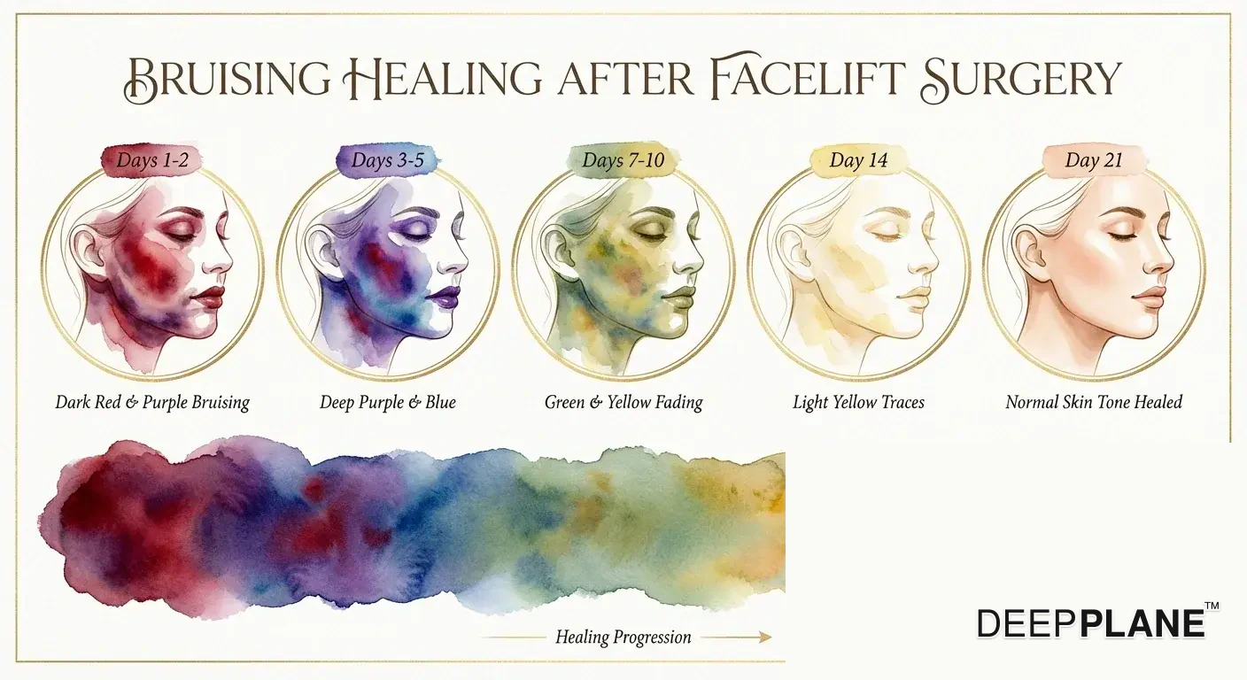 Heilungsverlauf von Blutergüssen nach einem Facelift, der Farbveränderungen von dunkelrot-violett an den Tagen 1-2 über blau-violett, grün-gelb, hellgelb bis zum normalen Hautton an Tag 21 zeigt
