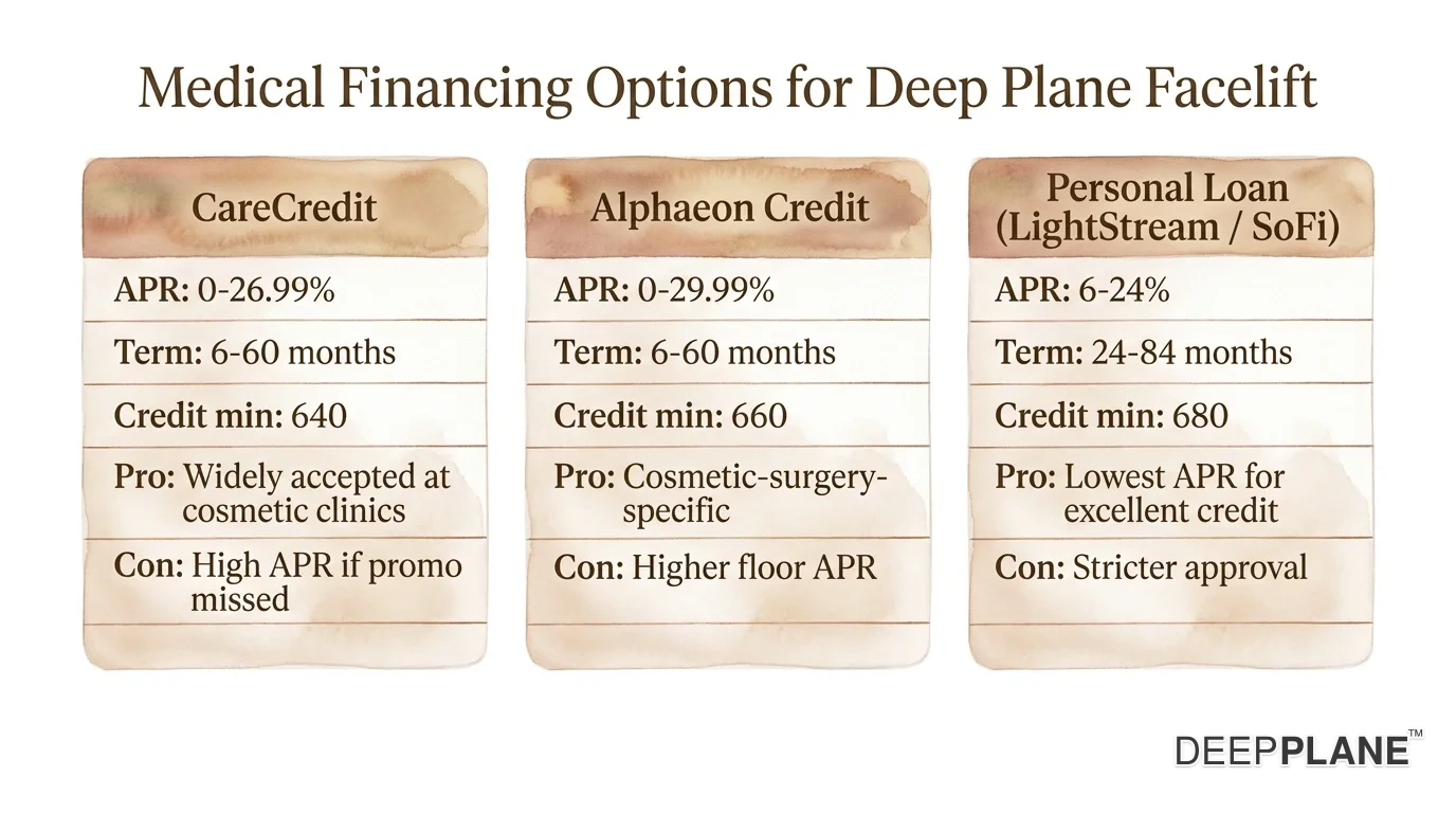 Three-column comparison of medical financing options for deep plane facelift: CareCredit with APR zero to twenty-six point ninety-nine percent term length six to sixty months credit minimum six forty pro widely accepted at cosmetic clinics con high APR if promo missed; Alphaeon Credit with APR zero to twenty-nine point ninety-nine percent term length six to sixty months credit minimum six sixty pro cosmetic-surgery-specific con higher floor APR; Personal Loan LightStream or SoFi with APR six to twenty-four percent term length twenty-four to eighty-four months credit minimum six eighty pro lowest APR for excellent credit con stricter approval