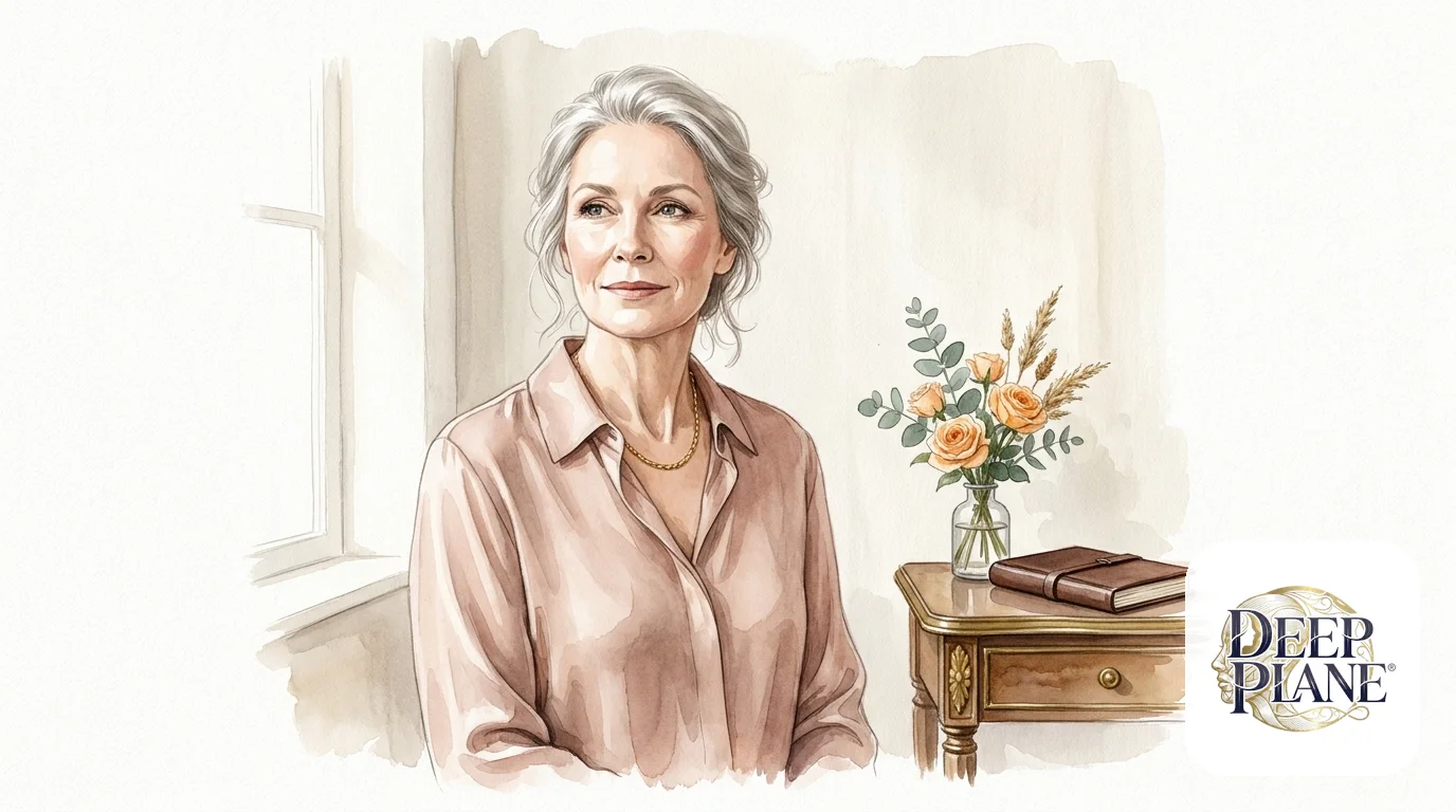 Watercolor portrait of a confident woman in her early 60s six months after a deep plane facelift, naturally beautiful and serenely refreshed in a refined silk blouse with minimal makeup, no clinical or surgical cues
