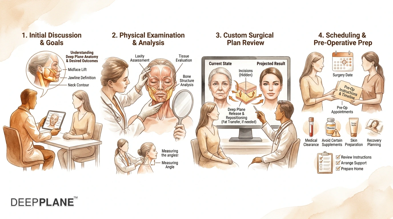Four-panel illustration of consultation day: intake and standardized photos with medical history clipboard, anatomical assessment using calipers and gentle marking pen in front of a mirror, technique discussion on a digital tablet showing 3D facial anatomy overlay, and a final plan with printed treatment document showing itemised costs
