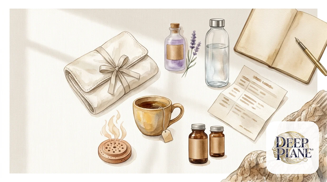 Watercolor flat-lay of a post-facelift pain-management comfort kit on cream linen: heating pad, lavender essential oil, water bottle, herbal tea, prescribed medication bottles, journal, wool blanket