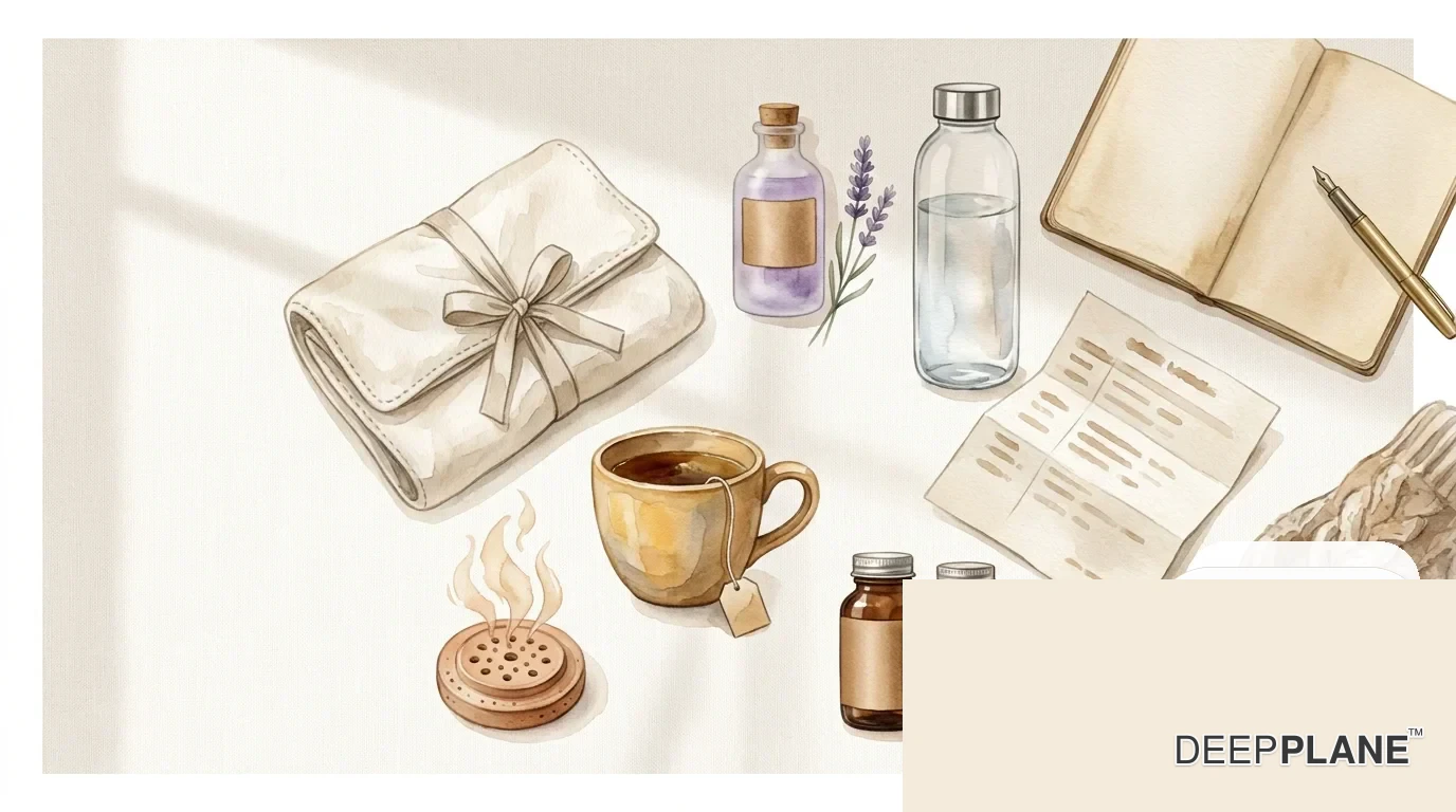 Watercolor flat-lay of a post-facelift pain-management comfort kit on cream linen: heating pad, lavender essential oil, water bottle, herbal tea, prescribed medication bottles, journal, wool blanket