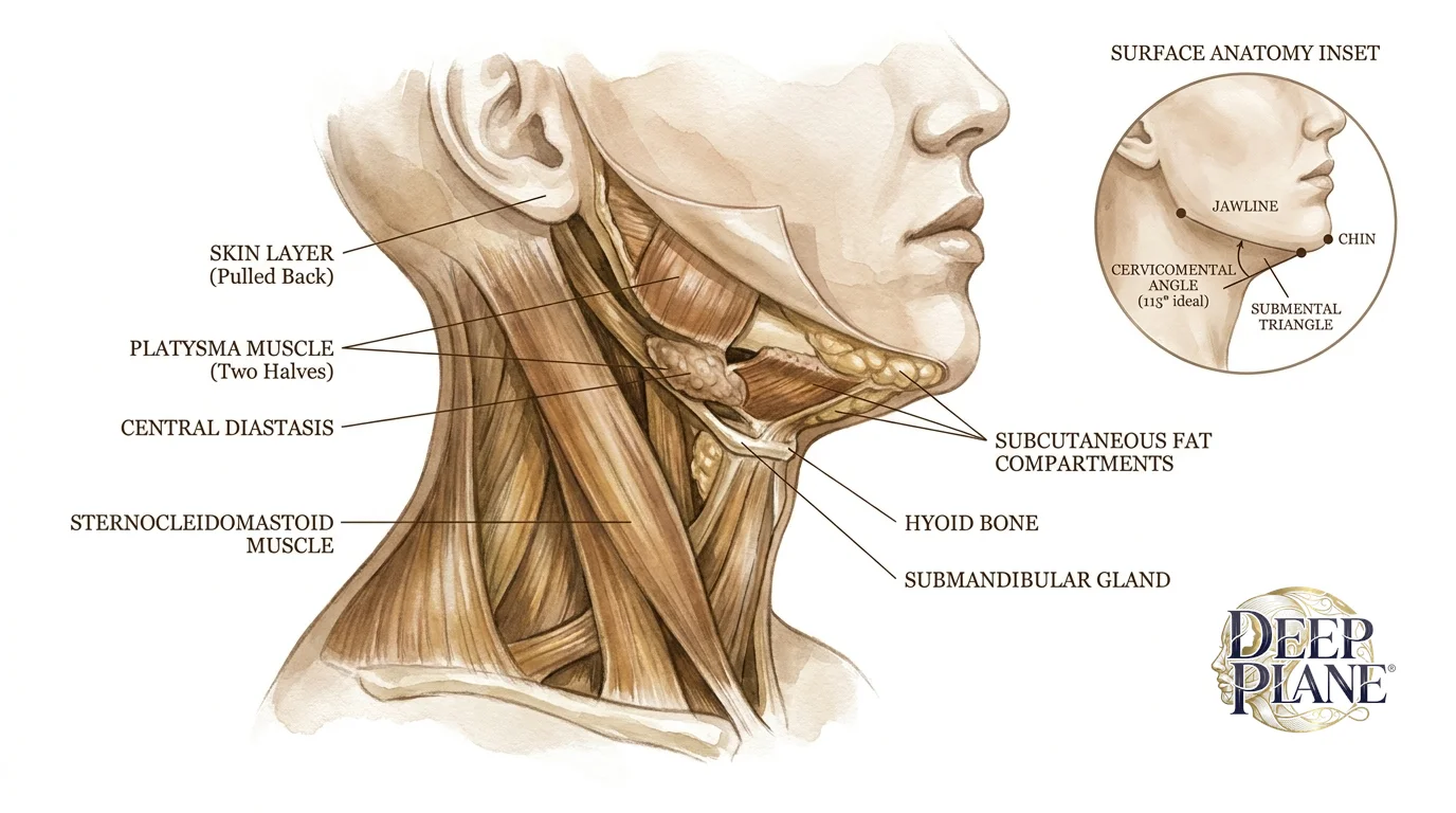 Profile cross-section of the female neck showing the platysma muscle with central diastasis labeled, subcutaneous fat compartments, sternocleidomastoid muscle, hyoid bone, submandibular gland, plus an inset showing the ideal 115-degree cervicomental angle on the surface