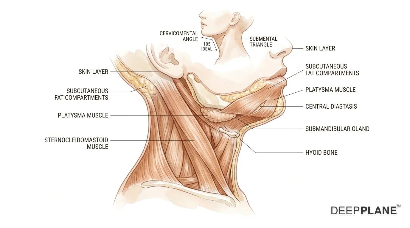 Profile cross-section of the female neck showing the platysma muscle with central diastasis labeled, subcutaneous fat compartments, sternocleidomastoid muscle, hyoid bone, submandibular gland, plus an inset showing the ideal 115-degree cervicomental angle on the surface