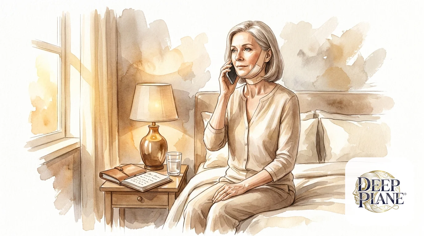 Watercolor scene of a calm woman on day 5 post deep plane facelift sitting on the edge of her bed, phone to ear, calling her surgeon — symptom notes on the bedside, warm lamp light, focused but unpanicked expression