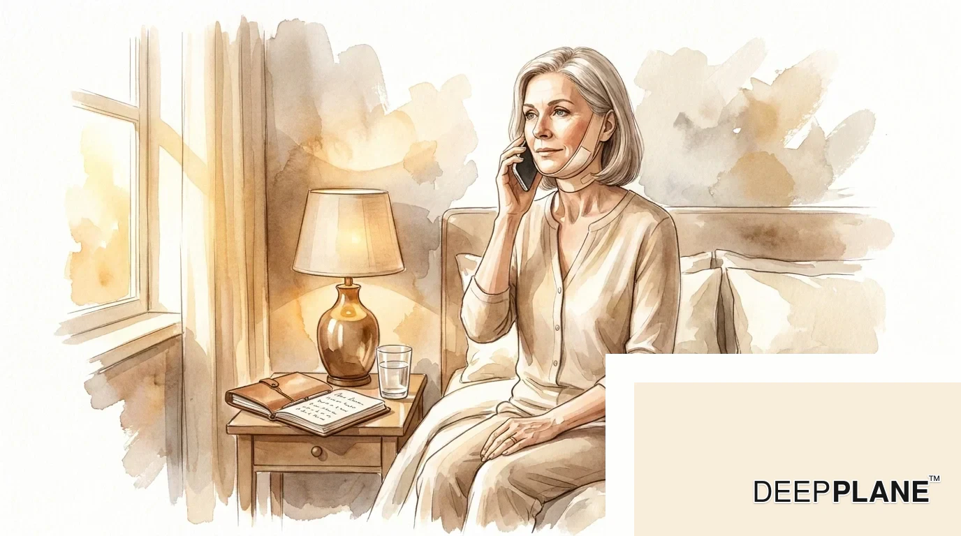 Watercolor scene of a calm woman on day 5 post deep plane facelift sitting on the edge of her bed, phone to ear, calling her surgeon — symptom notes on the bedside, warm lamp light, focused but unpanicked expression