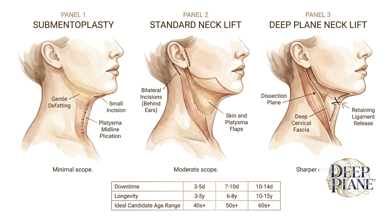 Three side-by-side cross-section panels comparing neck-lift techniques: submentoplasty with a small chin incision and platysma plication, standard neck lift with bilateral retroauricular incisions lifting skin and platysma flaps, and deep plane neck lift dissecting beneath the platysma into the deep cervical fascia with retaining-ligament release. Bottom comparison shows downtime, longevity, and ideal candidate age range