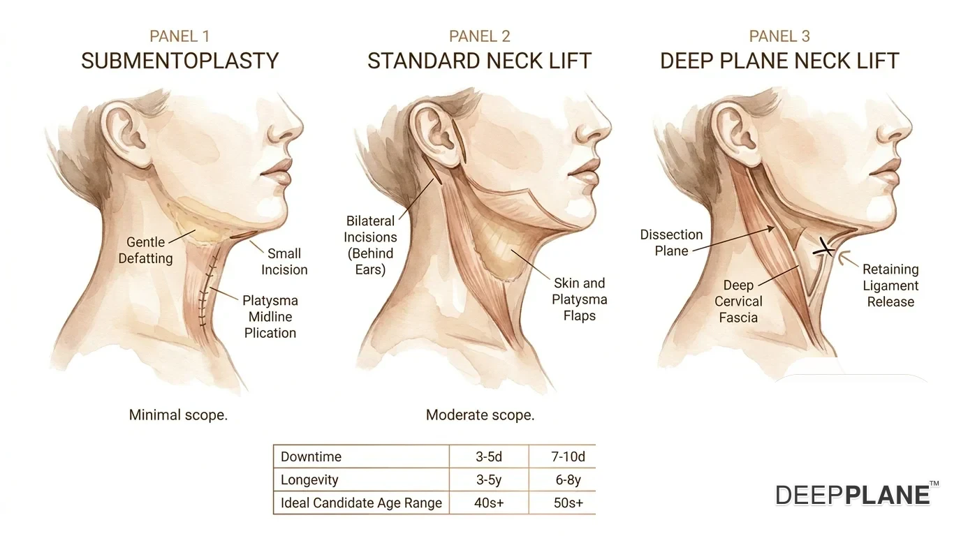 Three side-by-side cross-section panels comparing neck-lift techniques: submentoplasty with a small chin incision and platysma plication, standard neck lift with bilateral retroauricular incisions lifting skin and platysma flaps, and deep plane neck lift dissecting beneath the platysma into the deep cervical fascia with retaining-ligament release. Bottom comparison shows downtime, longevity, and ideal candidate age range