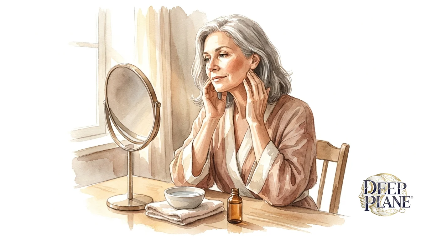 Watercolor illustration of a calm woman in week 2 of recovery performing gentle self-lymphatic-drainage massage on her jawline at her vanity, fingertips lightly tracing from cheek down toward the neck