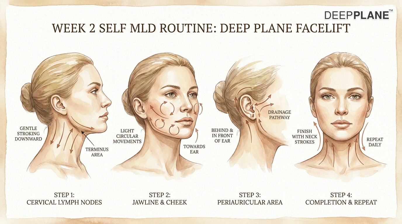 Watercolor illustration of a calm woman in week 2 of recovery performing gentle self-lymphatic-drainage massage on her jawline at her vanity, fingertips lightly tracing from cheek down toward the neck