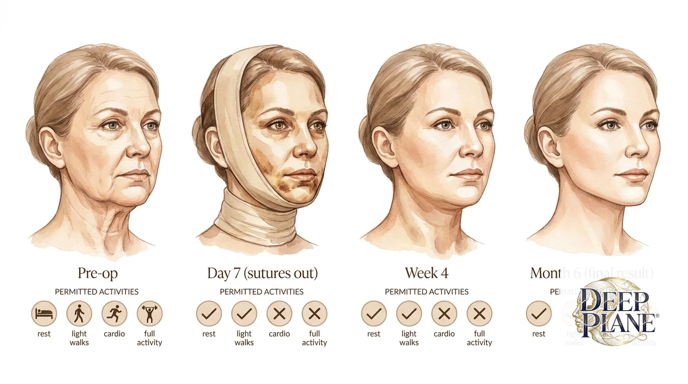 Four-stage facial profile recovery timeline after deep plane neck lift: pre-op with platysmal banding and submental fullness, day seven with bruising under the chin and a chin strap garment, week four with residual swelling and emerging neck definition, month six with restored 115-degree cervicomental angle and resolved platysmal bands. Activity icons below each stage indicate rest, light walks, cardio, and full activity