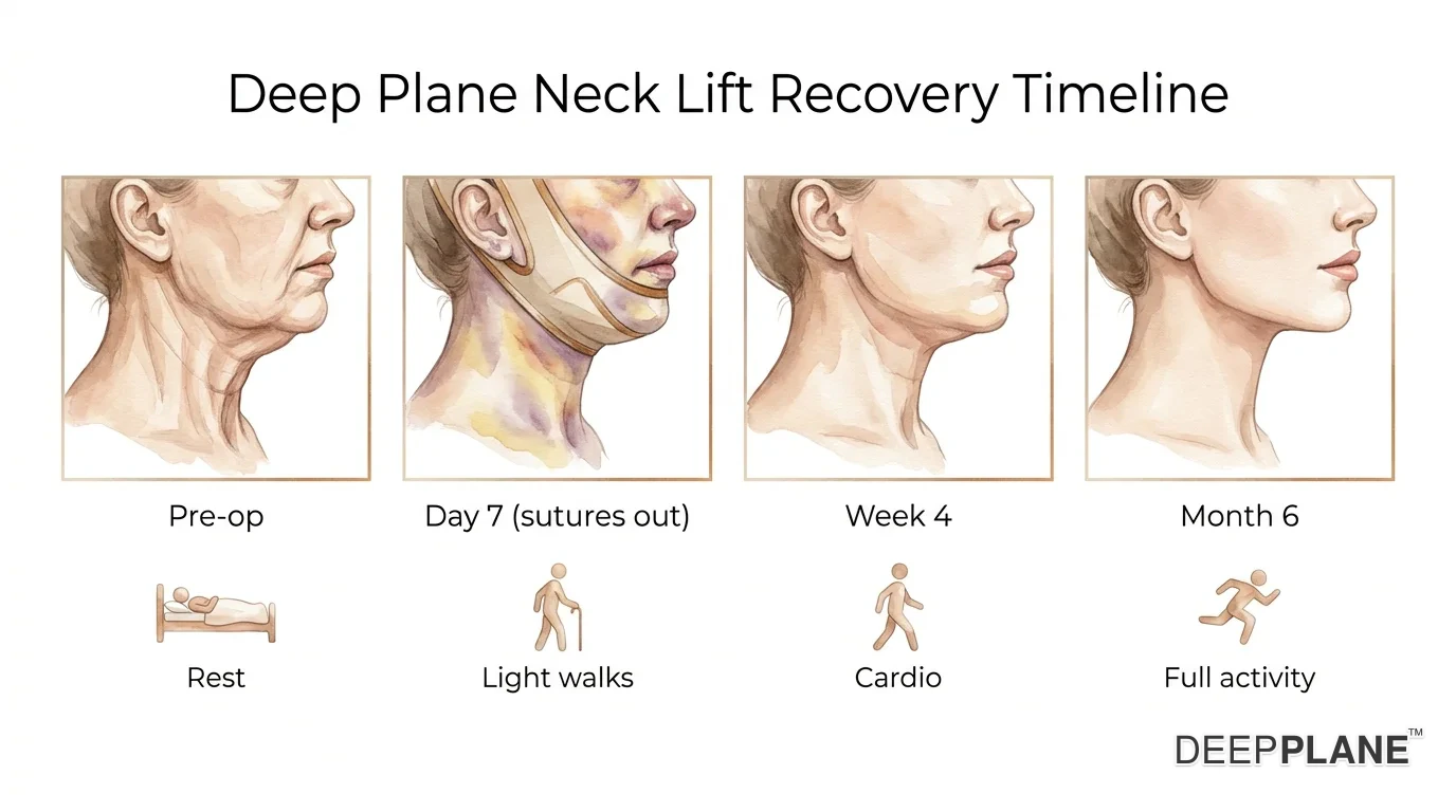 Four-stage facial profile recovery timeline after deep plane neck lift: pre-op with platysmal banding and submental fullness, day seven with bruising under the chin and a chin strap garment, week four with residual swelling and emerging neck definition, month six with restored 115-degree cervicomental angle and resolved platysmal bands. Activity icons below each stage indicate rest, light walks, cardio, and full activity
