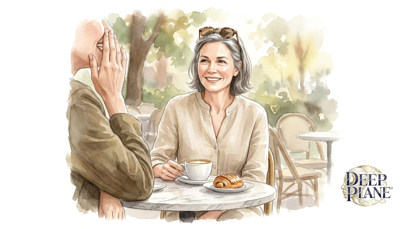 Watercolor illustration of a confident woman at week 3 post deep plane facelift, sitting at an outdoor café table with a friend, naturally beautiful and refreshed with no signs of recent surgery