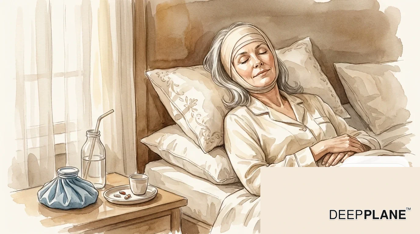 Watercolor scene of a calm woman on Day 1 after deep plane facelift, lying back in bed in soft morning light with light compression bandage at the chin and an ice pack on the bedside table