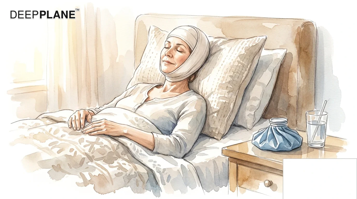 Watercolor scene of a calm woman on Day 1 after deep plane facelift, lying back in bed in soft morning light with light compression bandage at the chin and an ice pack on the bedside table