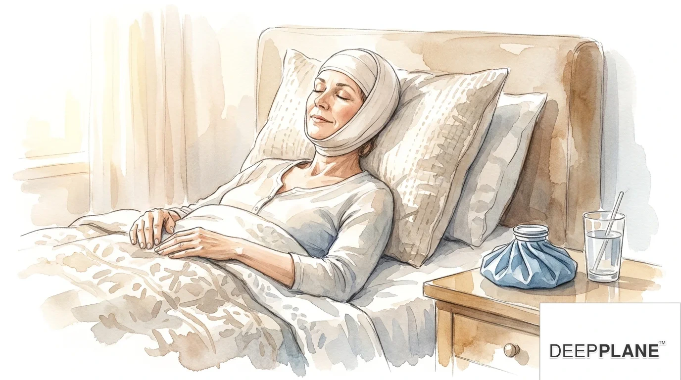 Watercolor scene of a calm woman on Day 1 after deep plane facelift, lying back in bed in soft morning light with light compression bandage at the chin and an ice pack on the bedside table