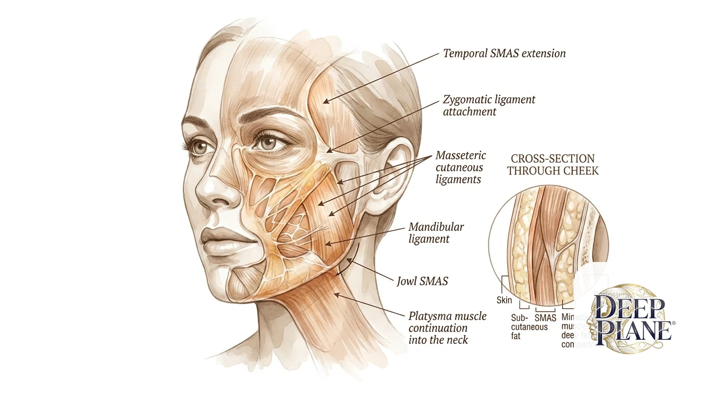Three-quarter face illustration with the skin layer peeled back to reveal the SMAS layer beneath, labeled at the temporal SMAS extension, zygomatic ligament attachment, masseteric cutaneous ligaments, mandibular ligament, jowl SMAS, and platysma muscle continuation into the neck. Side inset cross-section through the cheek labels five layers from outside in: skin, subcutaneous fat, SMAS, mimetic muscles plus deep fat compartments, periosteum plus bone