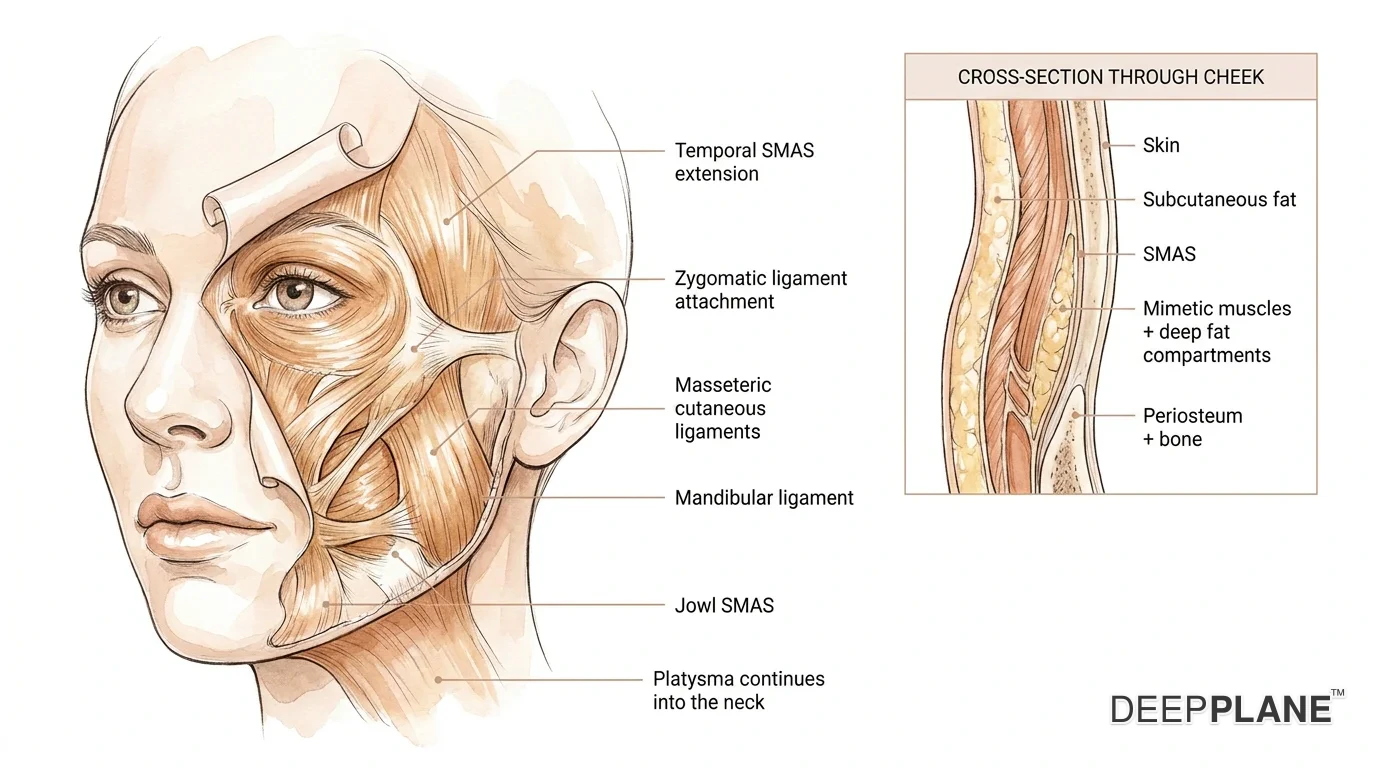 Three-quarter face illustration with the skin layer peeled back to reveal the SMAS layer beneath, labeled at the temporal SMAS extension, zygomatic ligament attachment, masseteric cutaneous ligaments, mandibular ligament, jowl SMAS, and platysma muscle continuation into the neck. Side inset cross-section through the cheek labels five layers from outside in: skin, subcutaneous fat, SMAS, mimetic muscles plus deep fat compartments, periosteum plus bone