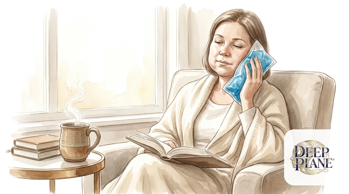 Watercolor scene of a calm woman on Day 3 of recovery — peak swelling — resting on a comfortable chair with a soft cold compress on her cheek, a wool blanket, and steaming herbal tea