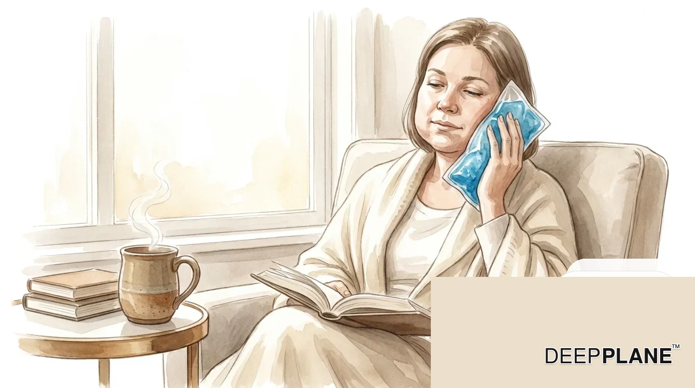 Watercolor scene of a calm woman on Day 3 of recovery — peak swelling — resting on a comfortable chair with a soft cold compress on her cheek, a wool blanket, and steaming herbal tea
