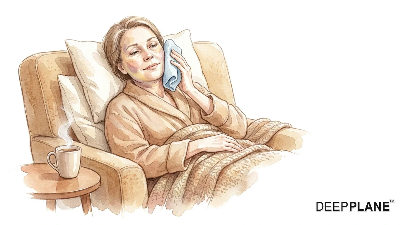 Watercolor scene of a calm woman on Day 3 of recovery — peak swelling — resting on a comfortable chair with a soft cold compress on her cheek, a wool blanket, and steaming herbal tea