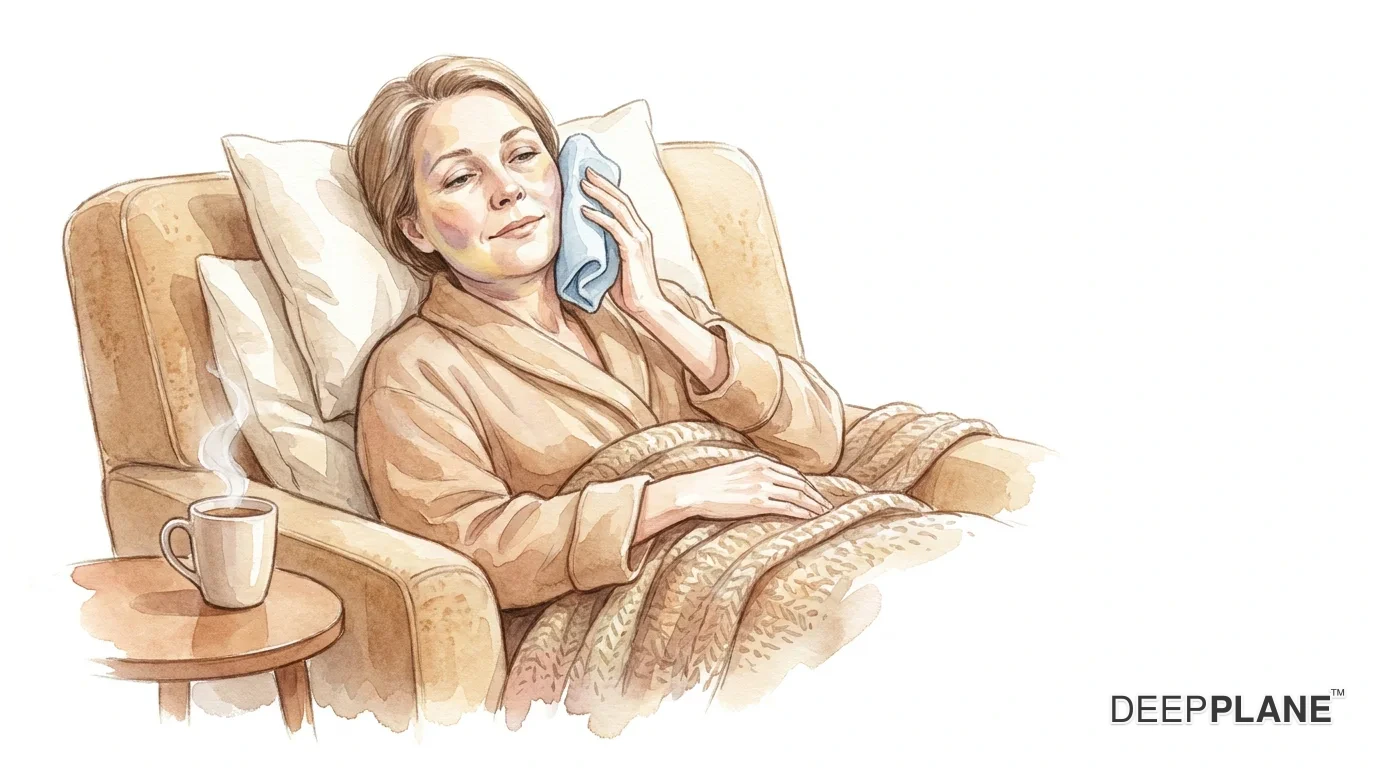 Watercolor scene of a calm woman on Day 3 of recovery — peak swelling — resting on a comfortable chair with a soft cold compress on her cheek, a wool blanket, and steaming herbal tea