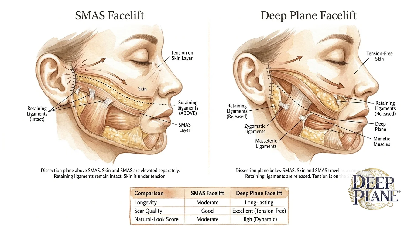 Two side-by-side cross-section panels through the cheek tissue. Left labeled SMAS facelift shows dissection above the SMAS, skin and SMAS pulled separately, retaining ligaments intact, tension on the skin layer. Right labeled deep plane facelift shows dissection below the SMAS into the deep plane between SMAS and deeper mimetic muscles, zygomatic and masseteric ligaments released, skin and SMAS travelling as a composite unit with tension on the SMAS instead. Bottom comparison table summarises longevity, scar quality, and natural-look score