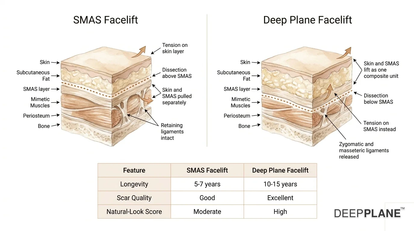 Two side-by-side cross-section panels through the cheek tissue. Left labeled SMAS facelift shows dissection above the SMAS, skin and SMAS pulled separately, retaining ligaments intact, tension on the skin layer. Right labeled deep plane facelift shows dissection below the SMAS into the deep plane between SMAS and deeper mimetic muscles, zygomatic and masseteric ligaments released, skin and SMAS travelling as a composite unit with tension on the SMAS instead. Bottom comparison table summarises longevity, scar quality, and natural-look score