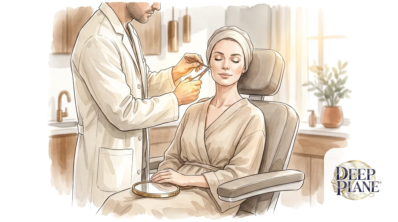 Watercolor scene of a Day 7 deep plane facelift suture removal: a calm woman seated in a clinic exam chair as a surgeon gently removes the sutures with delicate forceps near her ear