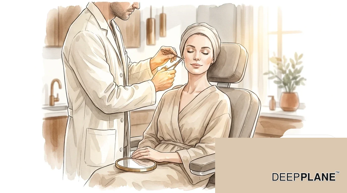 Watercolor scene of a Day 7 deep plane facelift suture removal: a calm woman seated in a clinic exam chair as a surgeon gently removes the sutures with delicate forceps near her ear