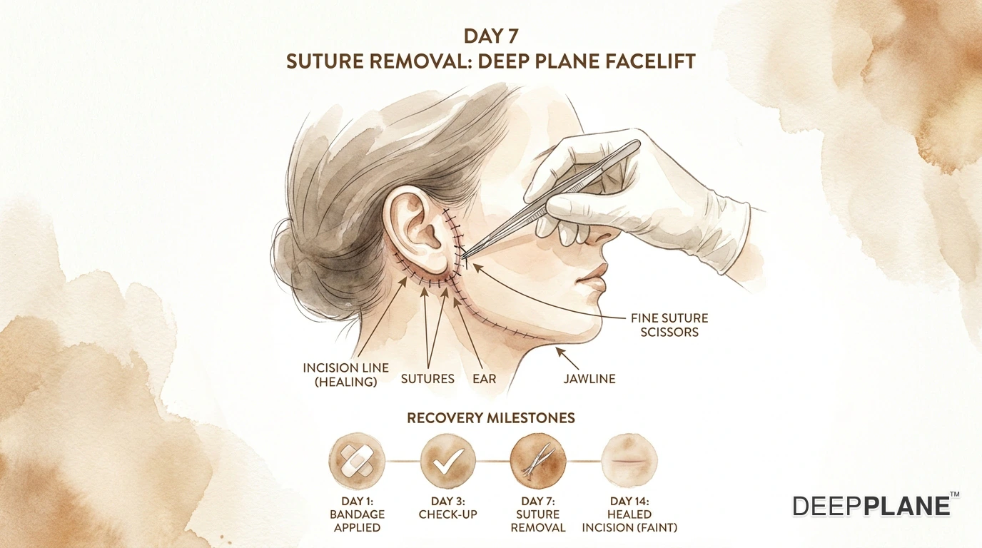 Watercolor scene of a Day 7 deep plane facelift suture removal: a calm woman seated in a clinic exam chair as a surgeon gently removes the sutures with delicate forceps near her ear