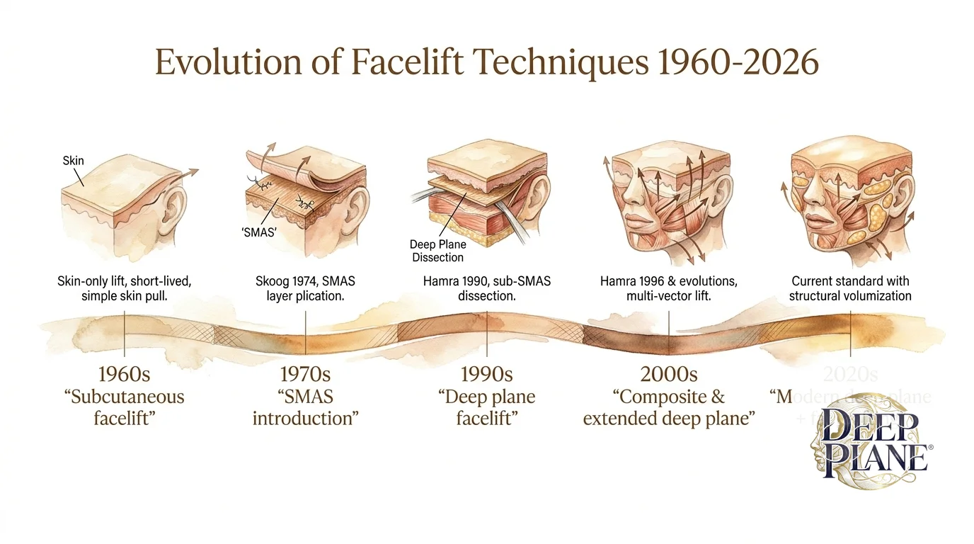 Horizontal timeline of facelift technique evolution from 1960s subcutaneous facelift through 1970s SMAS introduction by Skoog, 1990s deep plane facelift by Hamra, 2000s composite and extended deep plane evolutions, to 2020s modern deep plane plus fat grafting. Each milestone has a small cross-section icon showing the dissection plane and a citation reference
