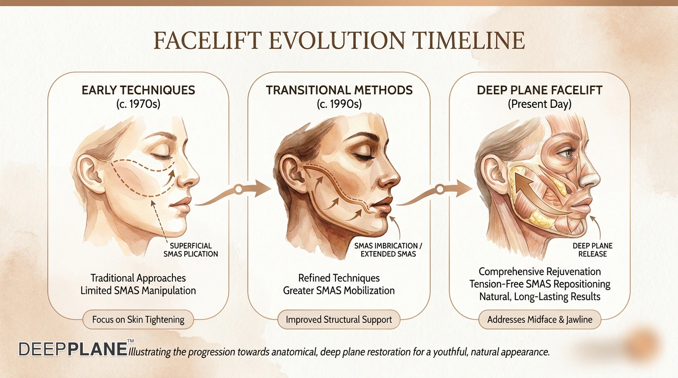 Horizontal timeline of facelift technique evolution from 1960s subcutaneous facelift through 1970s SMAS introduction by Skoog, 1990s deep plane facelift by Hamra, 2000s composite and extended deep plane evolutions, to 2020s modern deep plane plus fat grafting. Each milestone has a small cross-section icon showing the dissection plane and a citation reference