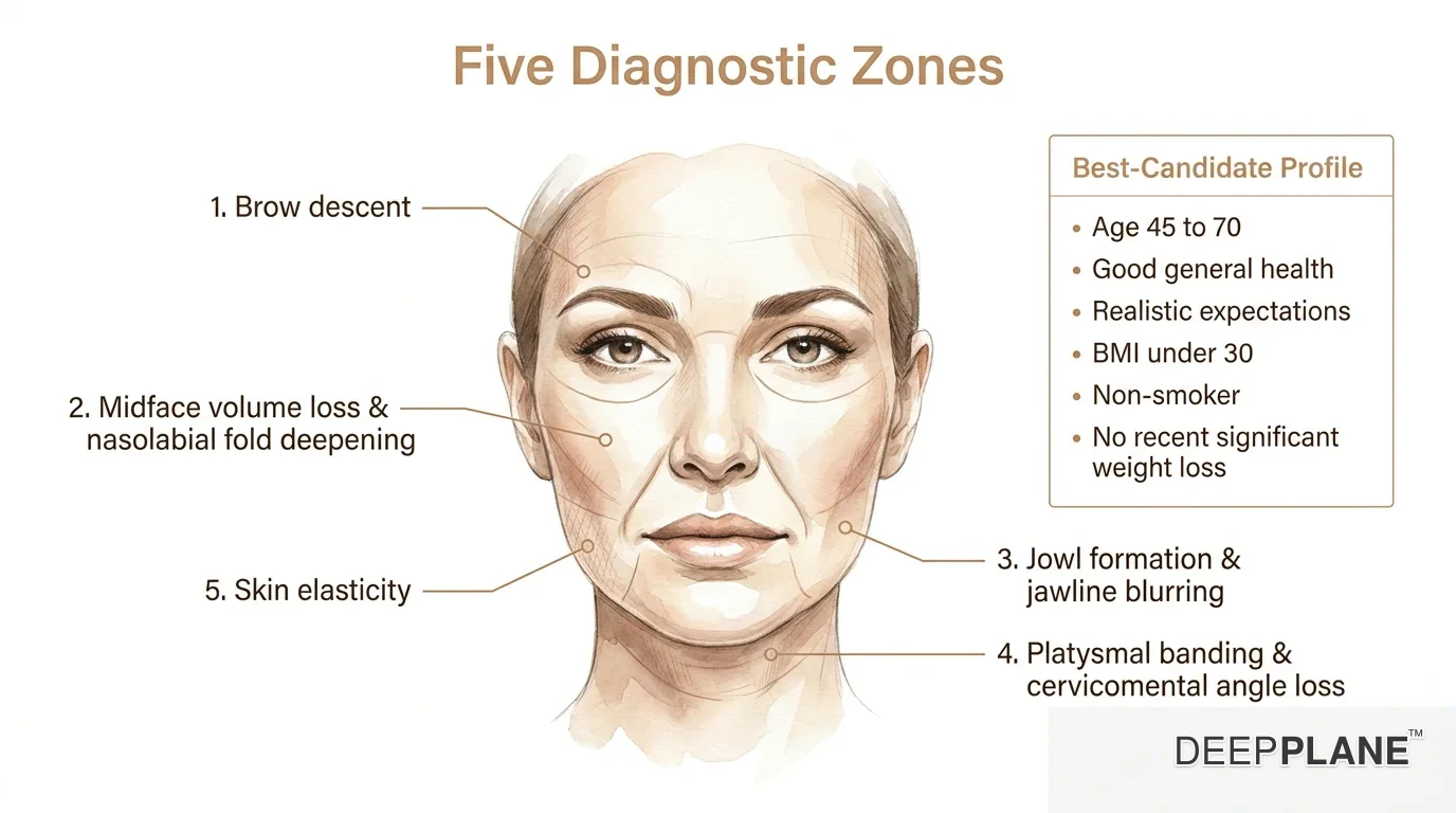 Centered face composite split into five labeled diagnostic zones: brow descent, midface volume loss with nasolabial fold deepening, jowl formation and jawline blurring, platysmal banding with cervicomental angle loss, and skin elasticity overlay. Side callout lists best-candidate profile criteria: age 45 to 70, good general health, realistic expectations, BMI under 30, non-smoker, no recent significant weight loss