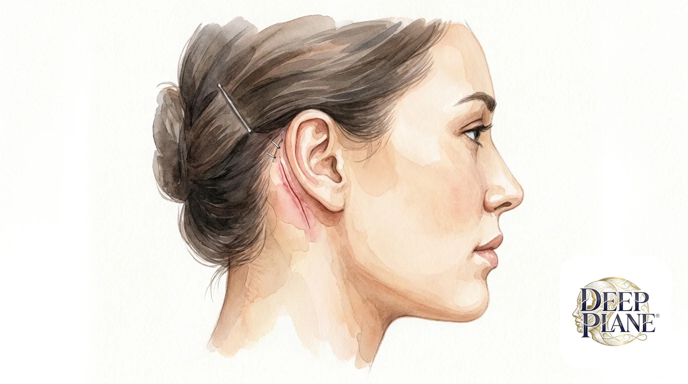 Watercolor side-profile close-up of a healing post-auricular incision at week 2 — thin pink-red incision line behind the ear with healthy skin around it and tiny silver stitches near the hairline