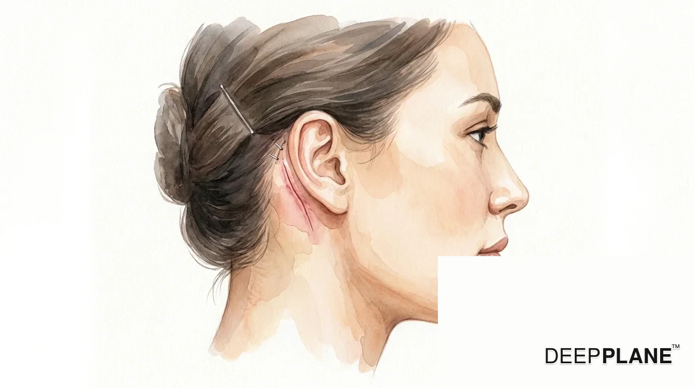 Watercolor side-profile close-up of a healing post-auricular incision at week 2 — thin pink-red incision line behind the ear with healthy skin around it and tiny silver stitches near the hairline